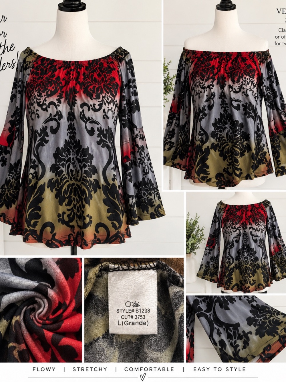 Off-Shoulder Floral Damask Blouse - Multicolor